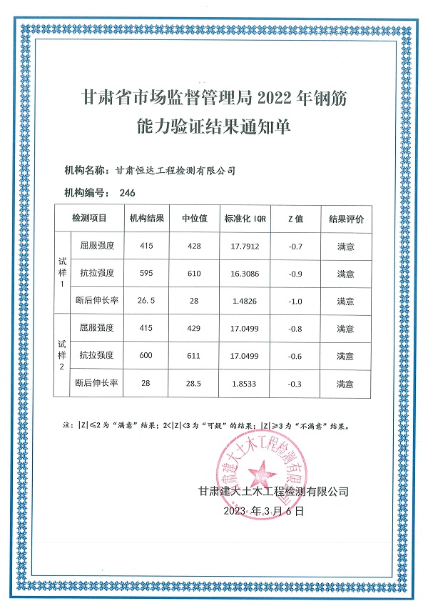 喜讯丨恒达检测公司荣获钢筋“能力验证满意证书”